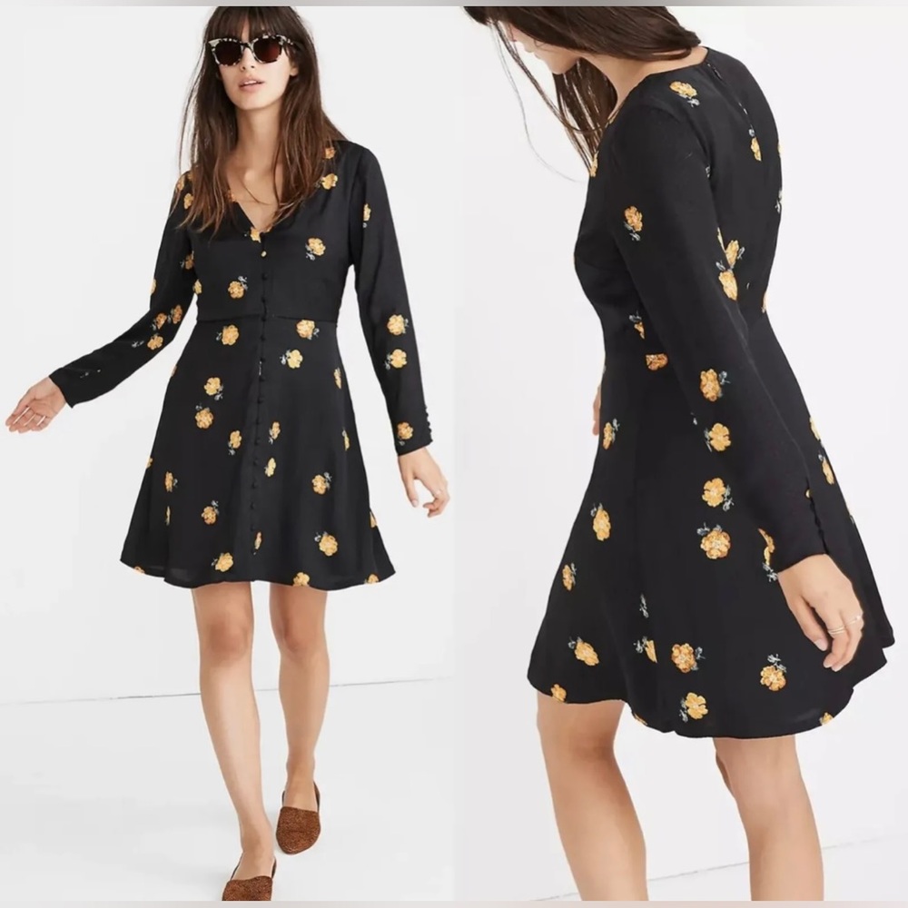 Madewell Black Long Sleeve Floral Button-Front Mini Dress